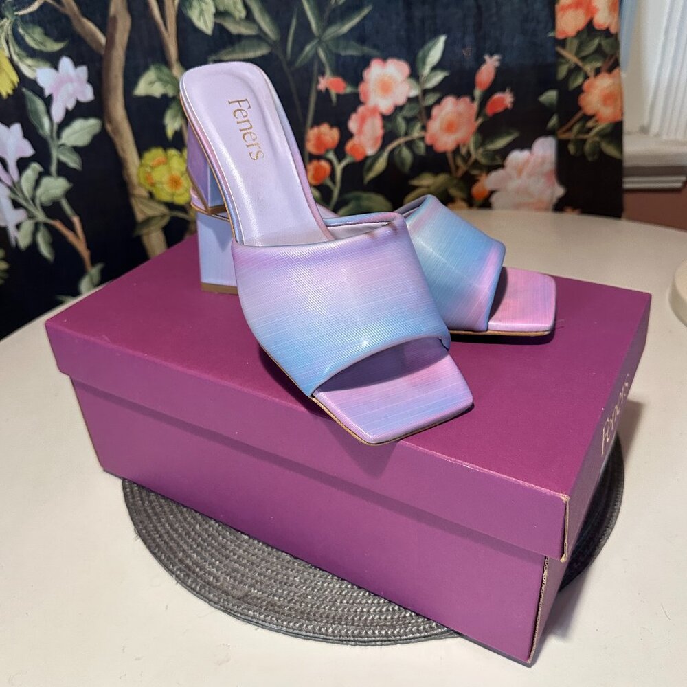 Feners Heels Mules Sandals Rainbow Le Mule Vegan Iridescent Blue Purple Y2K